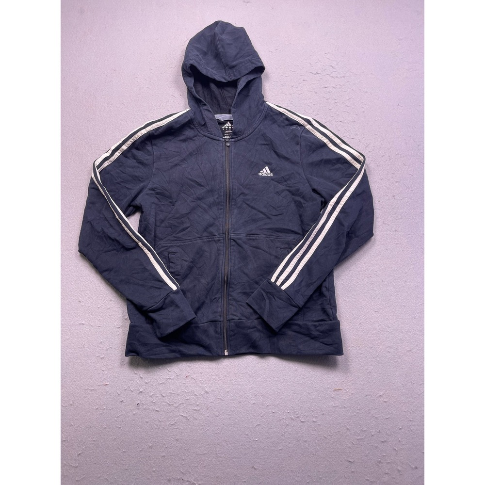 Adidas Zip Up Hoodie Cotton Blend Navy Blue White Stripe Large Womens